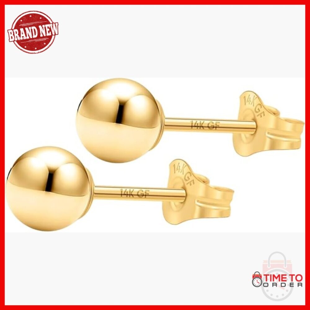 14K Solid Gold Stud Earrings Hypoallergenic Pushback 3mm 4mm 5mm